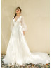 Long Sleeves Ivory Tulle V Back Charming Wedding Dress